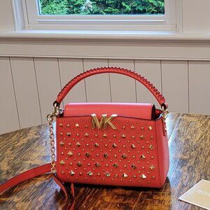 NWOT Michael Kors Gold Studded Crossbody Bag. Red. Gold Chain. Removable Strap.